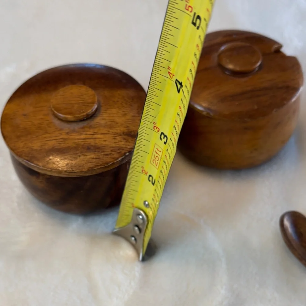 Mid-Century Wooden Dining Set with Carved Handles African Motif Condiment Bowls